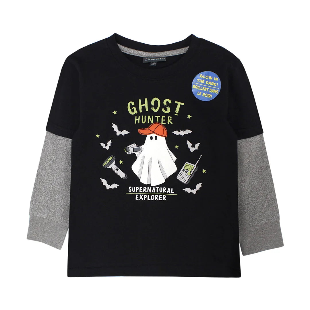 black shirt with grey sleeves and ghost graphic