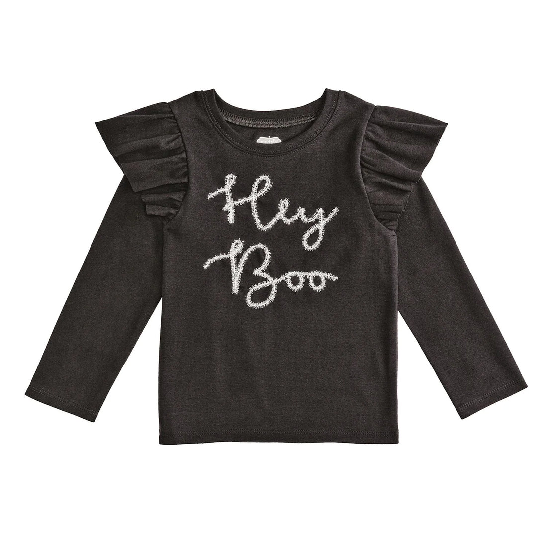 black long sleeve shirt with &quot;Hey Boo&quot; written on it