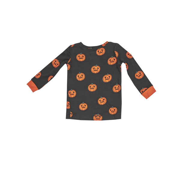 black 2 piece pajamas set with orange jack-o-lanterns