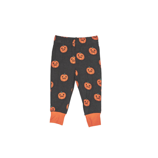 black 2 piece pajamas set with orange jack-o-lanterns