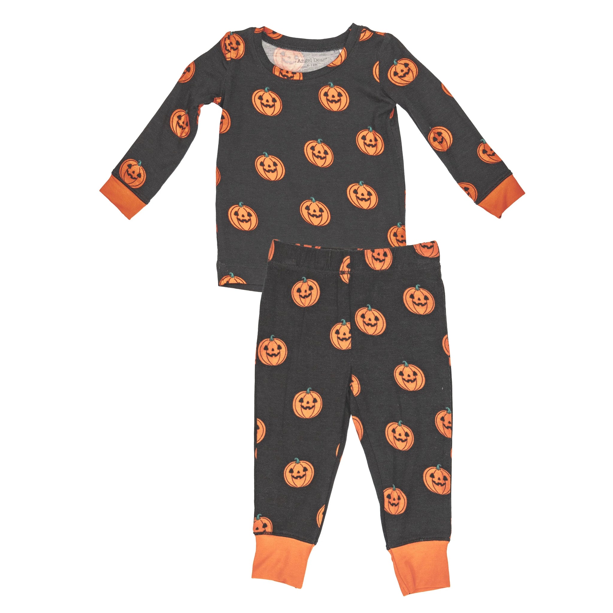black 2 piece pajamas set with orange jack-o-lanterns