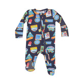 black baby footie with colorful vintage ski patch design all over