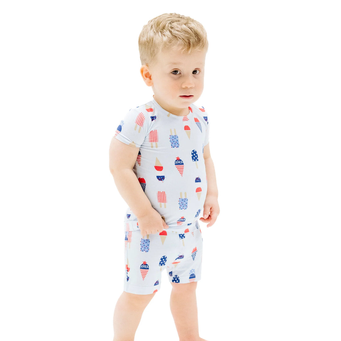 blue short shirt and shorts pjs with red whtie and blue ice cream all over