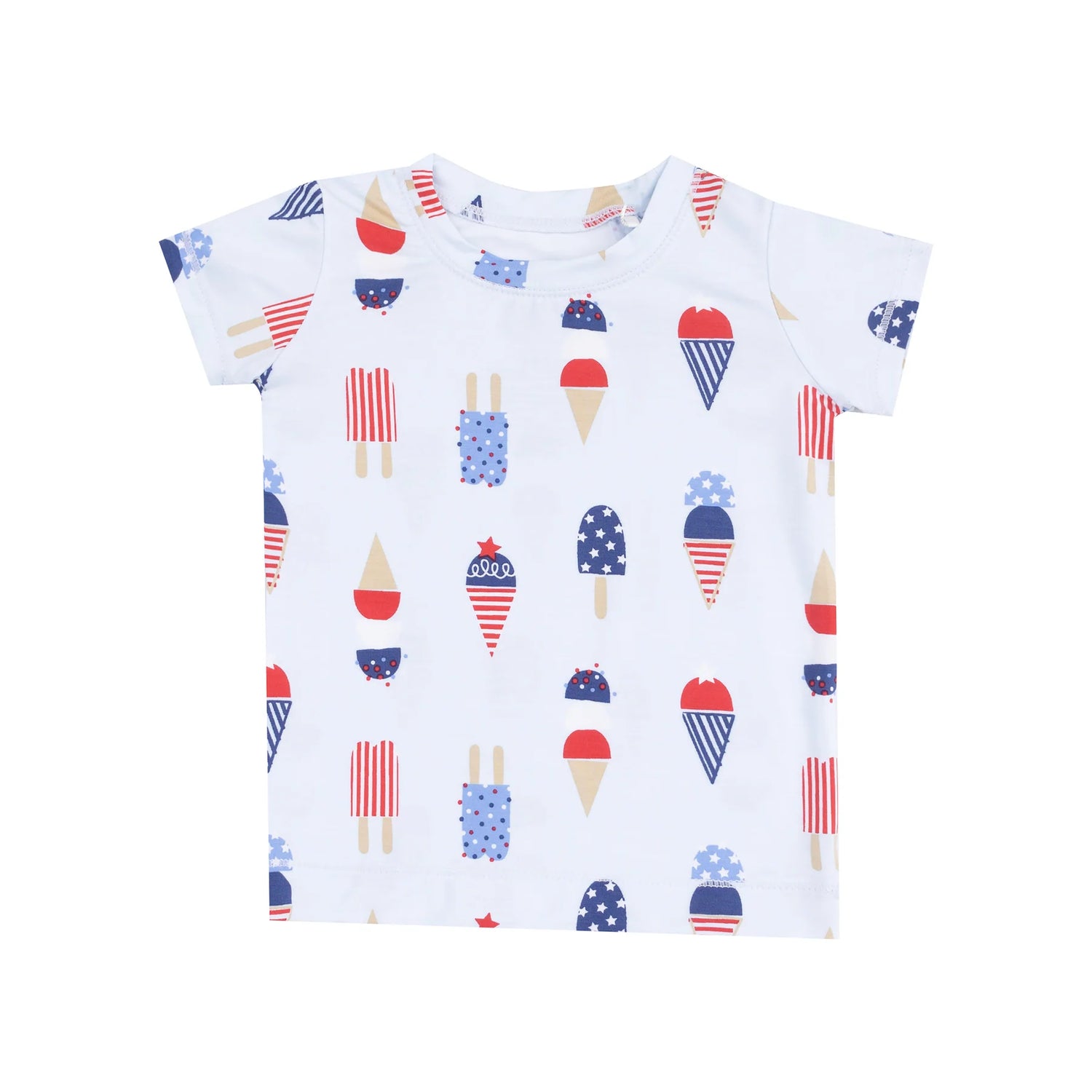 blue short shirt and shorts pjs with red whtie and blue ice cream all over