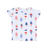 blue short shirt and shorts pjs with red whtie and blue ice cream all over