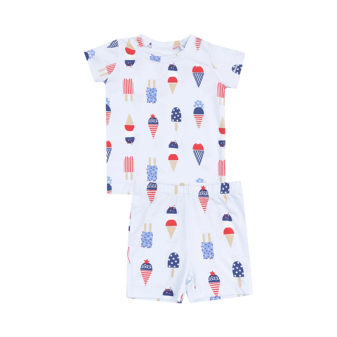blue short shirt and shorts pjs with red whtie and blue ice cream all over