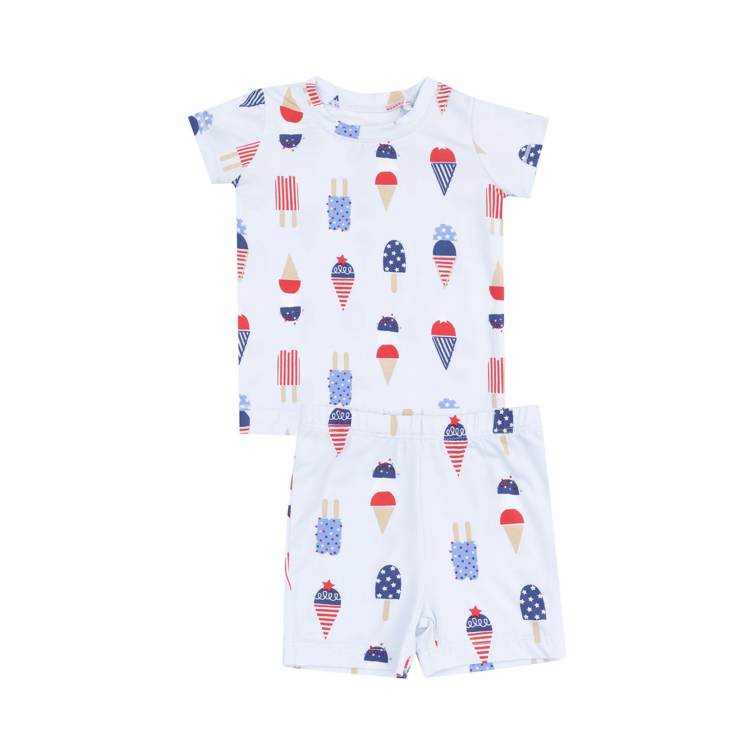 blue short shirt and shorts pjs with red whtie and blue ice cream all over