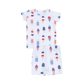 blue short shirt and shorts pjs with red whtie and blue ice cream all over