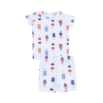 blue short shirt and shorts pjs with red whtie and blue ice cream all over