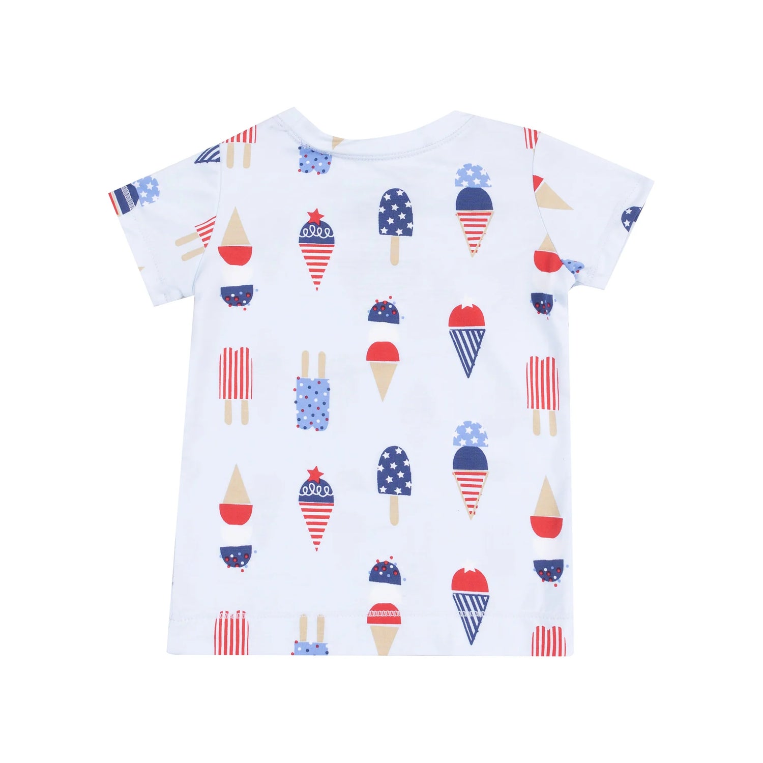 blue short shirt and shorts pjs with red whtie and blue ice cream all over