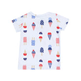 blue short shirt and shorts pjs with red whtie and blue ice cream all over