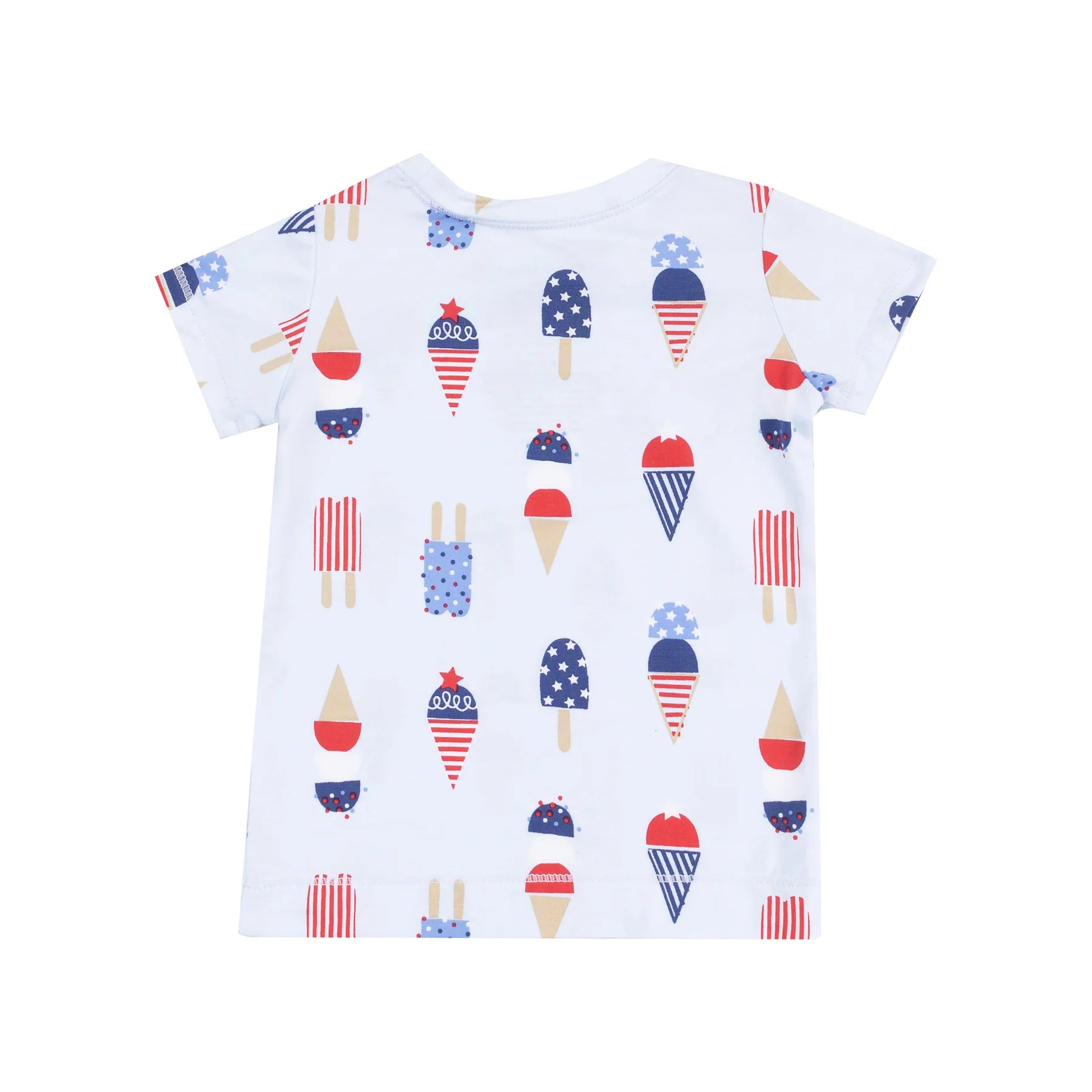 blue short shirt and shorts pjs with red whtie and blue ice cream all over