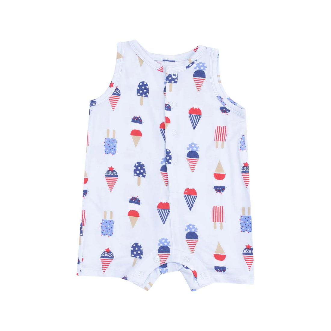 blue sleeveless baby romper with red white and blue ice cream all over