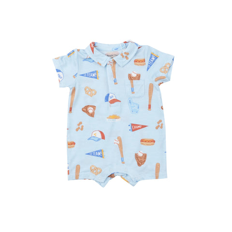 blue romper with baseball themes all over