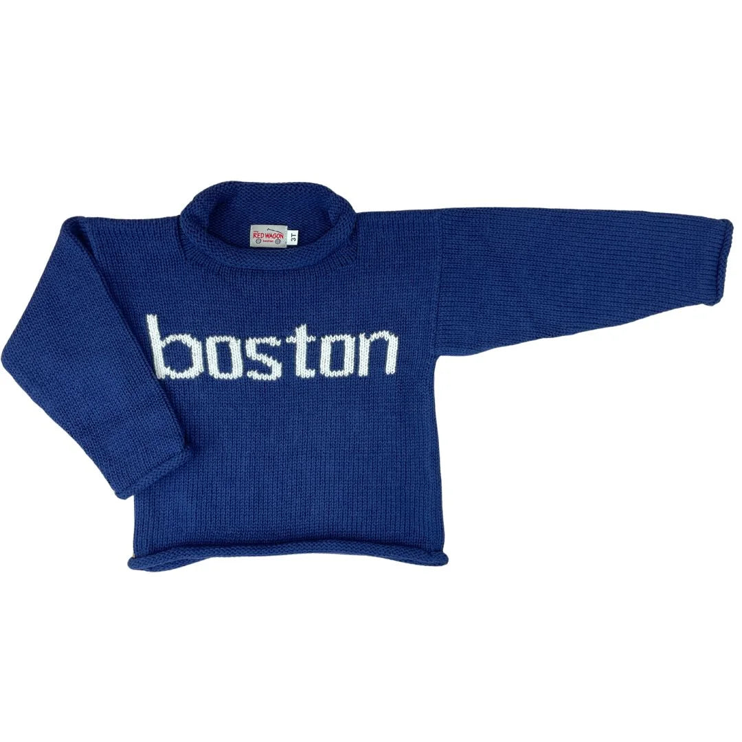 blue sweater with boston written in white 