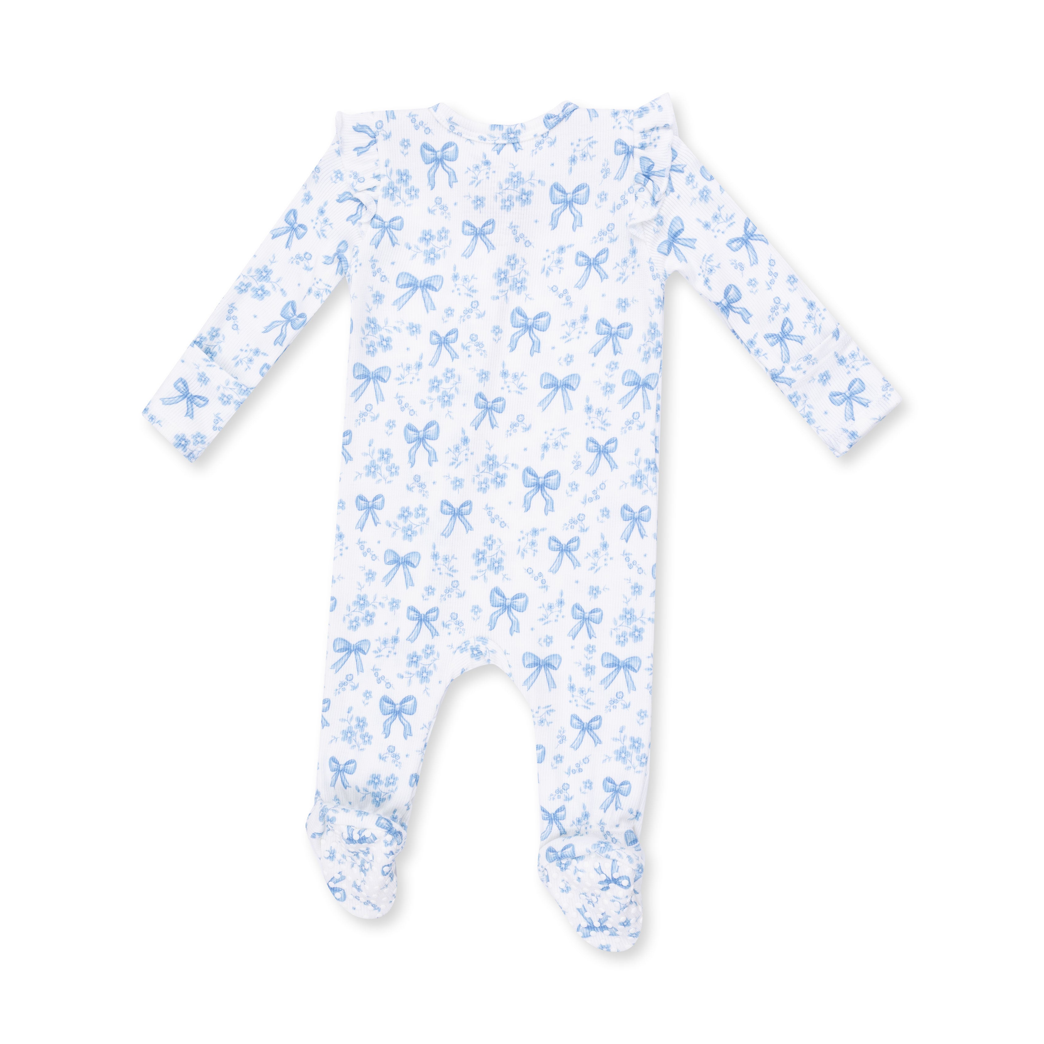 White/Blue Bows and Flowers Ruffle Shoulder 2 Way Zipper Footie