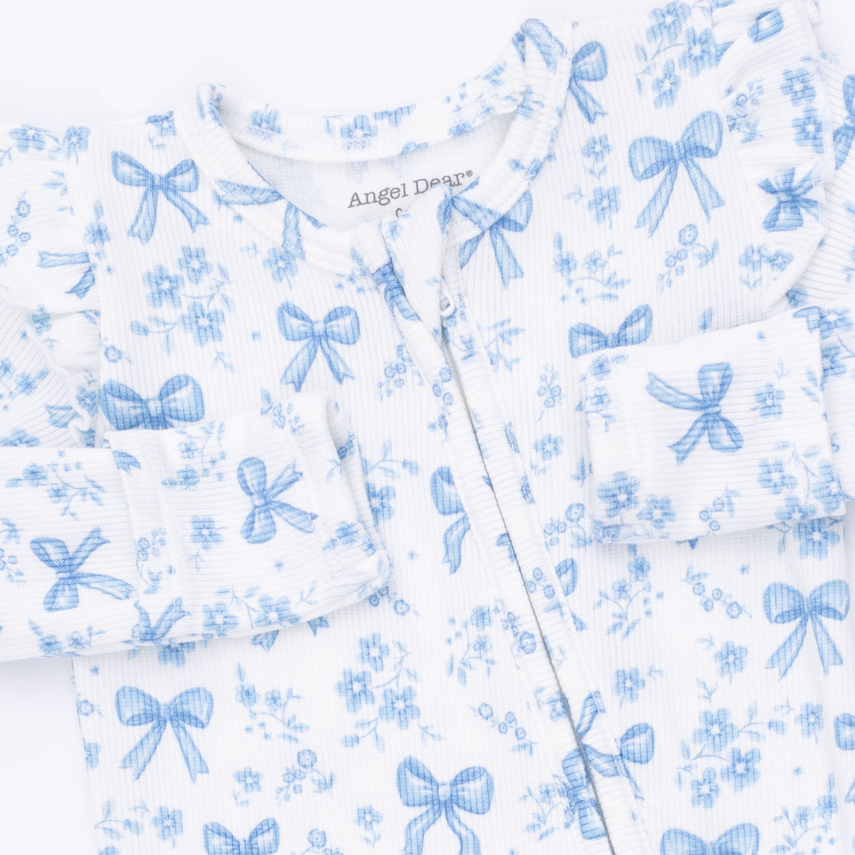 White/Blue Bows and Flowers Ruffle Shoulder 2 Way Zipper Footie