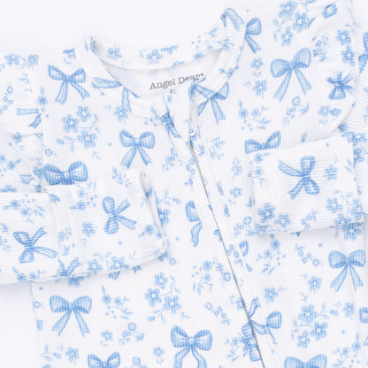 White/Blue Bows and Flowers Ruffle Shoulder 2 Way Zipper Footie