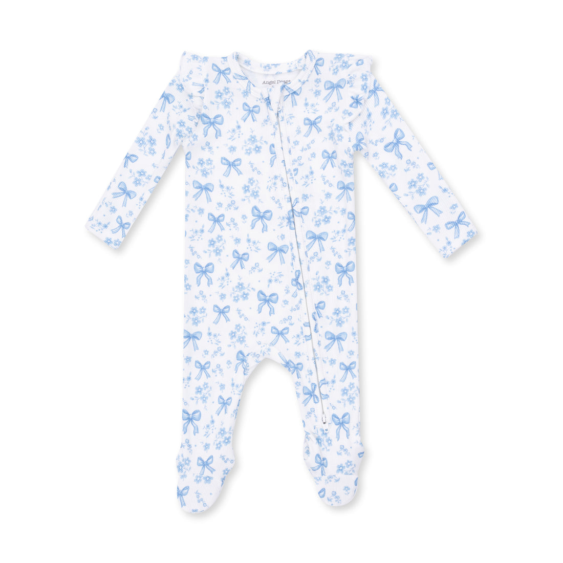 White/Blue Bows and Flowers Ruffle Shoulder 2 Way Zipper Footie