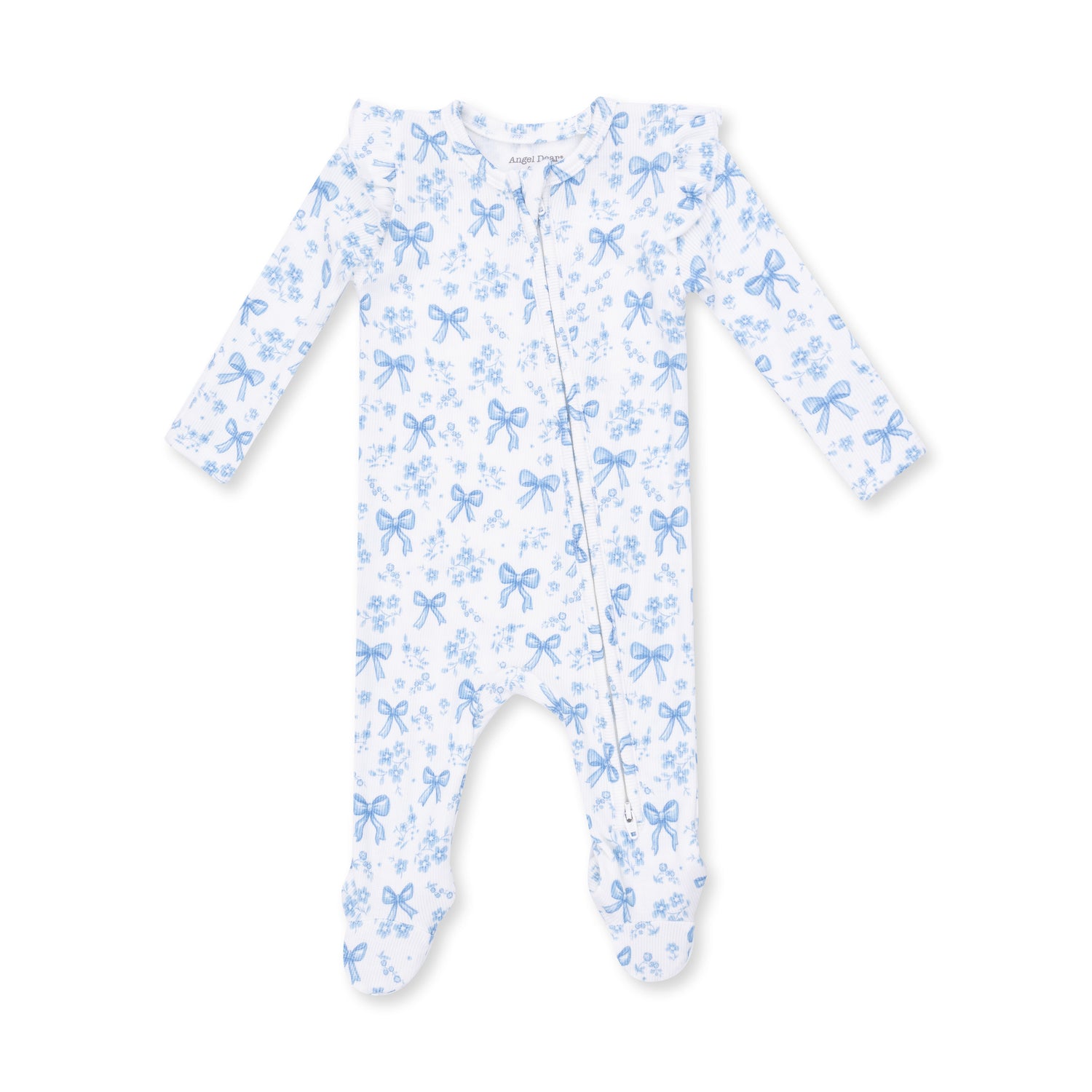 White/Blue Bows and Flowers Ruffle Shoulder 2 Way Zipper Footie