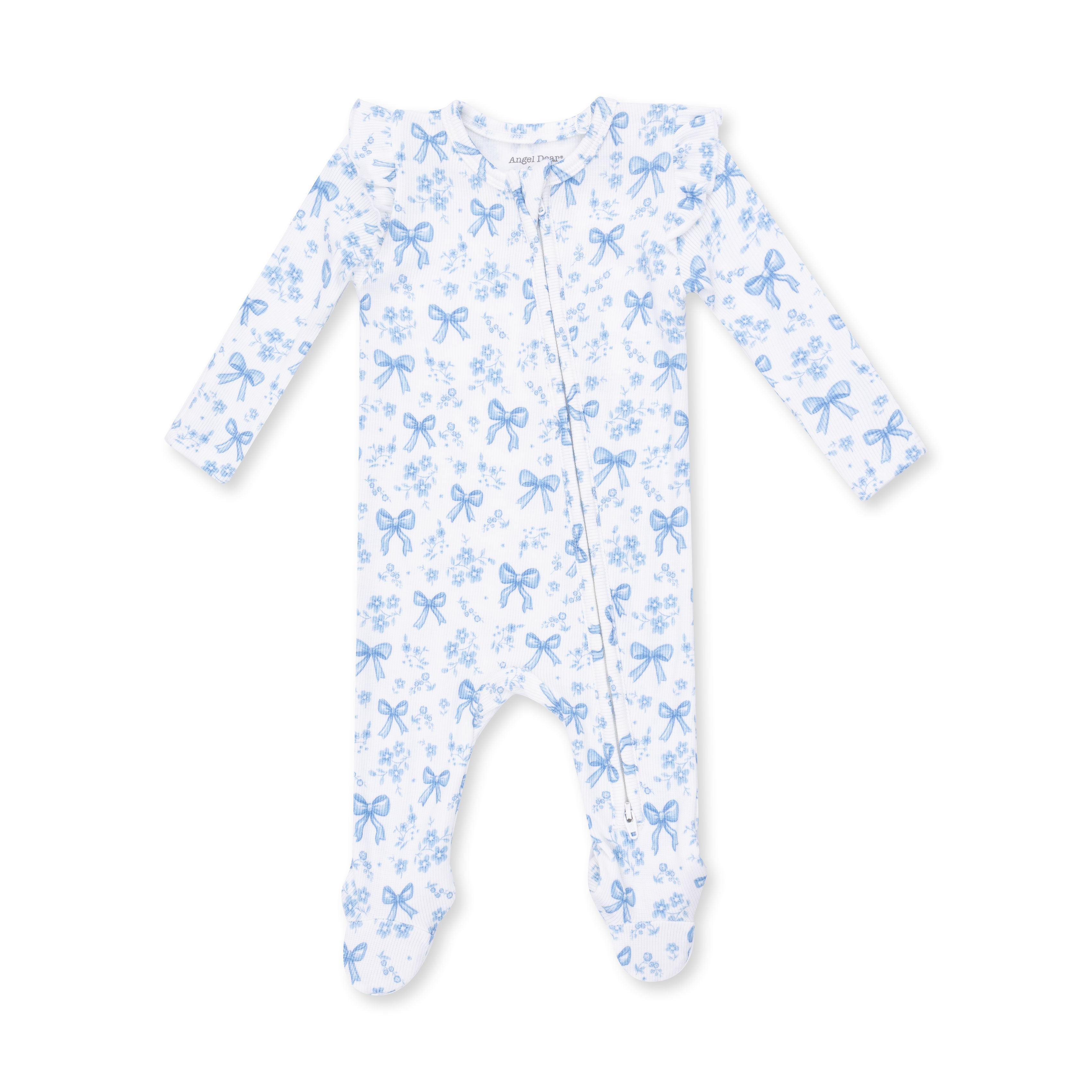 White/Blue Bows and Flowers Ruffle Shoulder 2 Way Zipper Footie