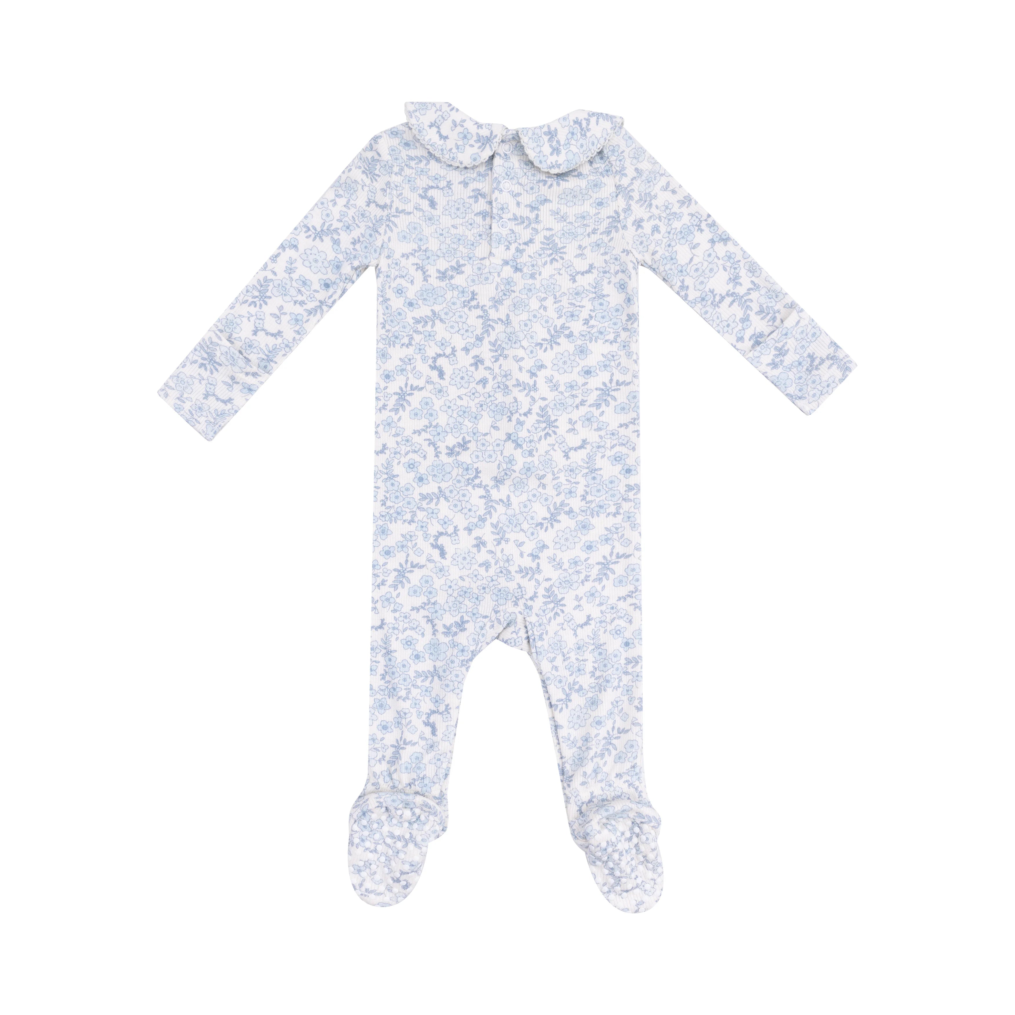 delicate blue floral calico baby footie