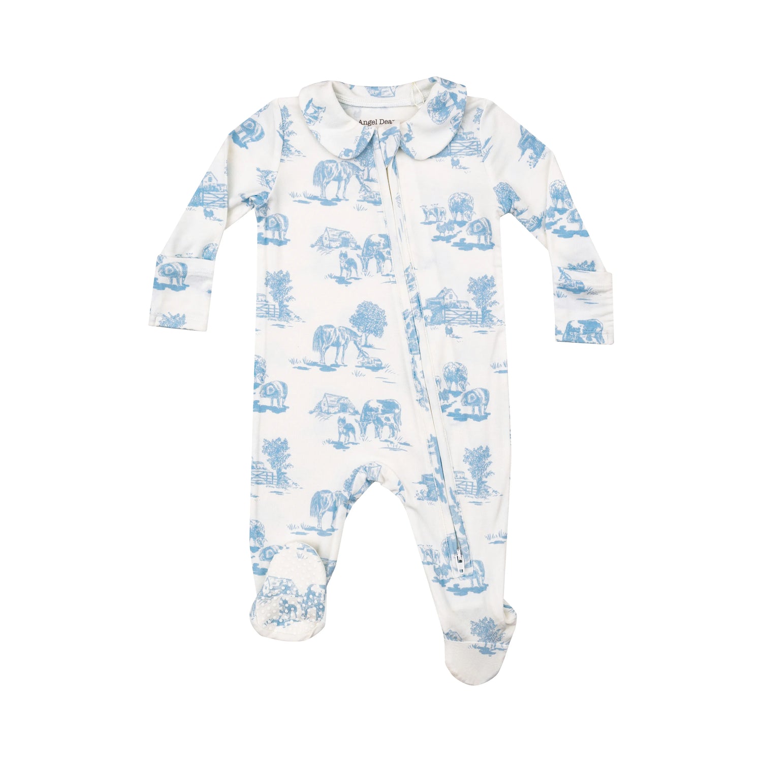 white footie with blue farm toile