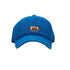 A cobalt blue baseball cap with a football embroidery on the front and an adjustable white sail cloth back strap.
