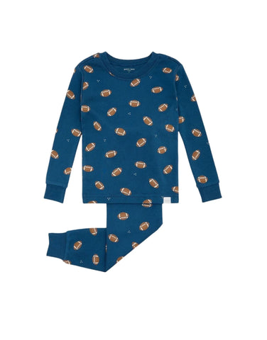 blue 2 pc pajamas with footballs all over