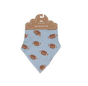 blue bandana bib with brown and white footballs all over