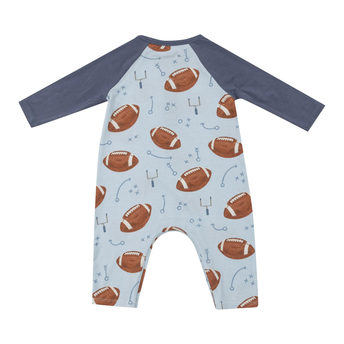 blue raglan style romper with brown footballs all over