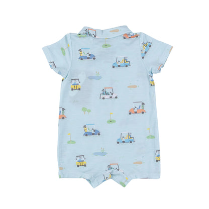 blue baby romper with golf carts design
