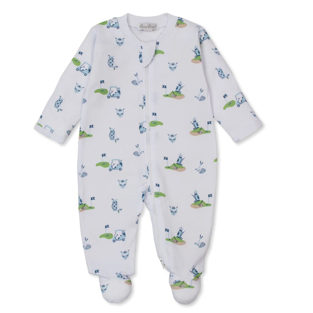 Baby onesie with golf print on a white background