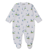 Baby onesie with golf print on a white background