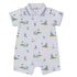 Baby romper with golf-themed print on a white background
