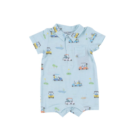 blue baby romper with golf carts design