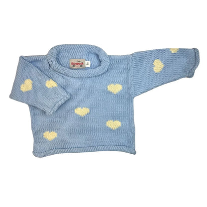 light blue sweater with ivory all over hearts