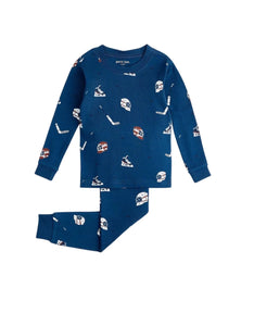 blue pajamas with hockey gear all over