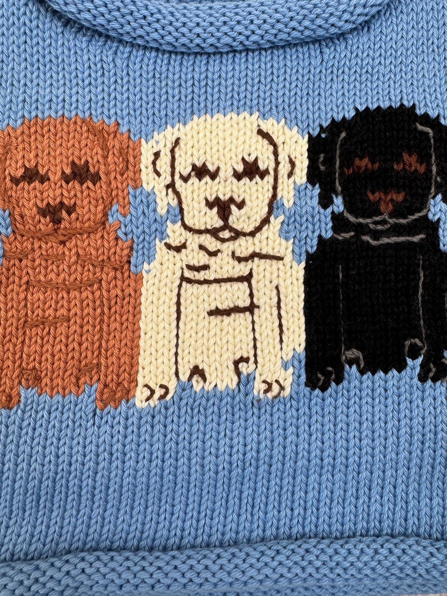 Knitted sweater with brown, white, and black dog illustrations on a blue background