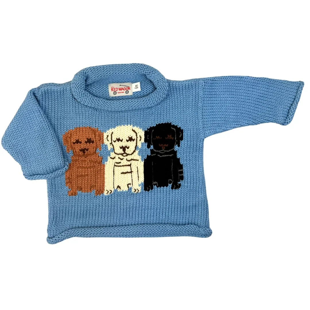 Blue knitted sweater with three dog labrador retriever illustrations on a white background