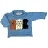 Blue knitted sweater with three dog labrador retriever illustrations on a white background