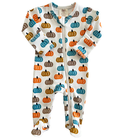 baby footie with blue, tan, gray and orange pumpkins