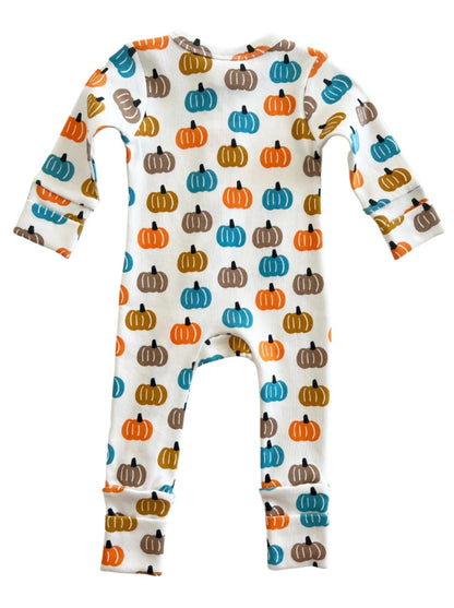 baby romper with blue, tan, orange and gray pumpkins all over
