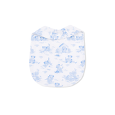 Baby bib with blue dog pattern on a white background