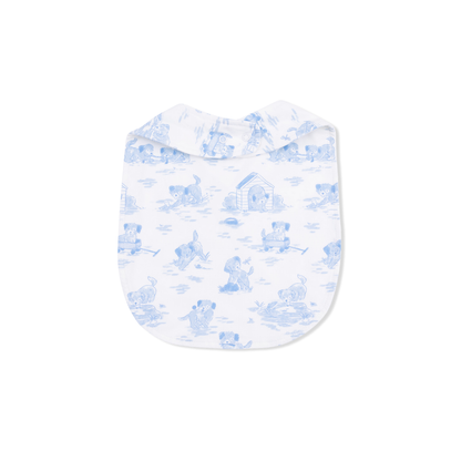 Baby bib with blue dog pattern on a white background