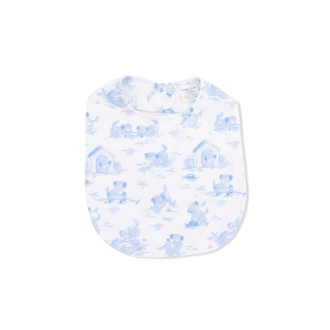 Baby bib with blue animal pattern on a white background