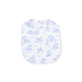 Baby bib with blue animal pattern on a white background