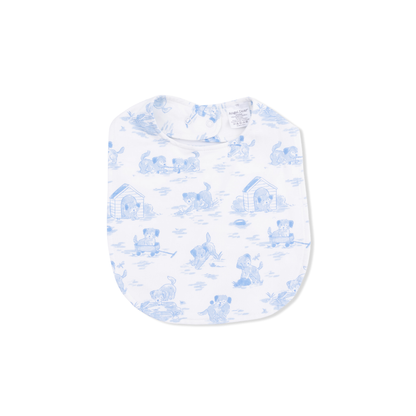 Baby bib with blue animal pattern on a white background