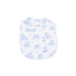 Baby bib with blue animal pattern on a white background