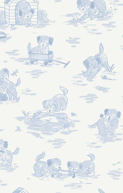 Pattern of blue puppies and doghouses on a light blue background